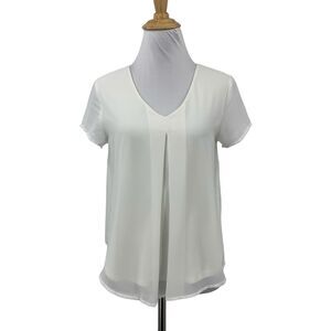 Monteau Blouse Women XS Extra Small White Split Front Chiffon Layer Short Sleeve